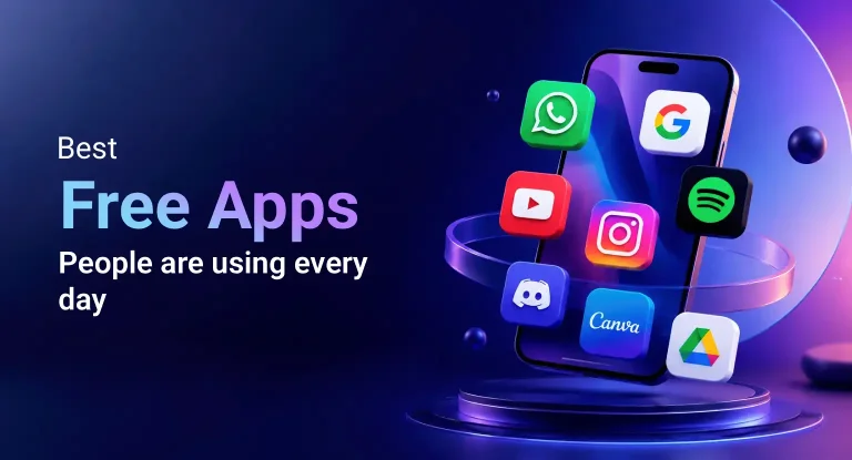 Collection of popular free mobile and productivity apps displayed on smartphones and laptops that people use daily for communication, organization, and entertainment.