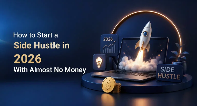 Beginner starting a low-cost side hustle in 2026 using a laptop, smartphone, and online tools to build income from home.